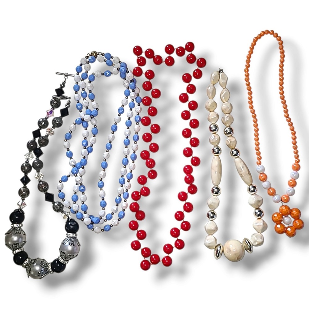 Lot 5 Vintage Acrylic Bead Necklaces Faux Pearl Red Blue Costume Jewelry 2